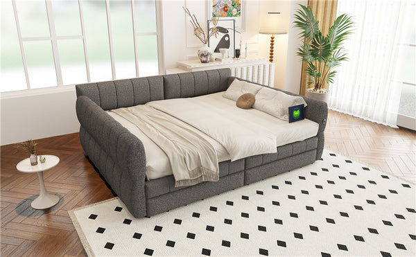 English Elm Queen Lambswool Platform Bed with Usb Charging Armrests and Under Storage Drawers Gray N7500000601E