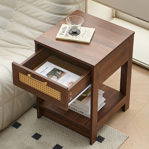 English Elm Pe Rattan End Table With Drawer - Stylish Walnut Nightstand & Versatile Side Table For Any Room W1265P236882-GIGA