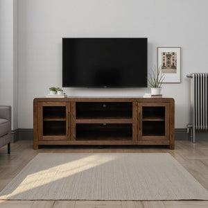 English Elm Haven 65" TV Stand Oak Bourbon with Glass Doors, No Assembly, Cable Management, Solid Oak Veneer B108P364413