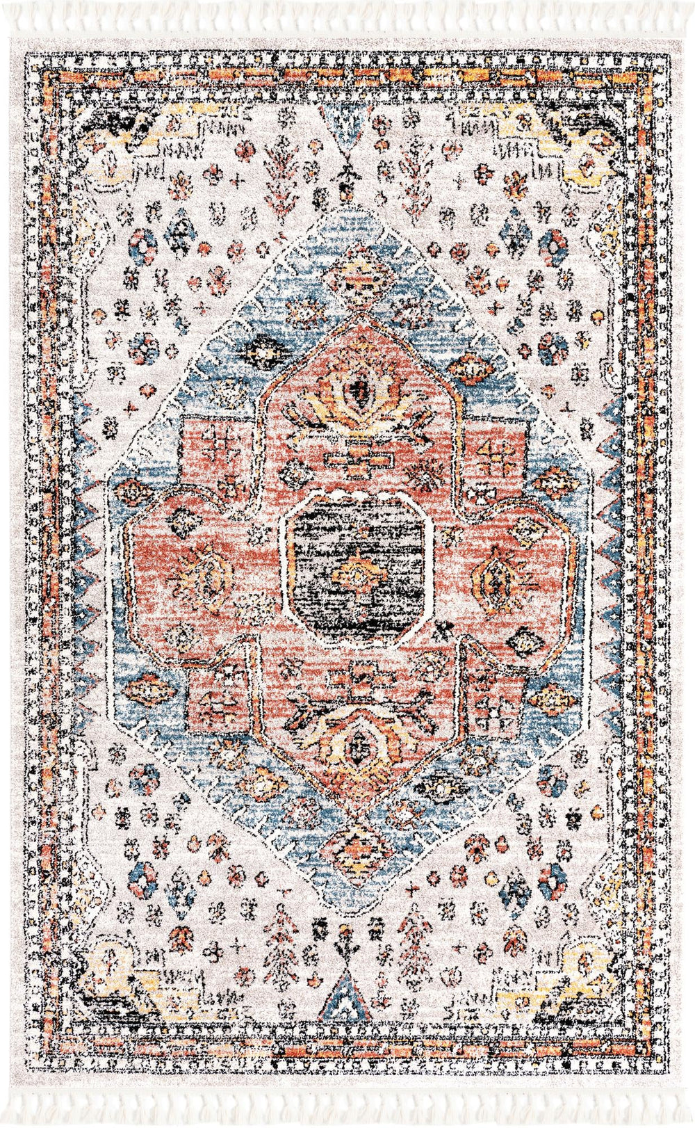 Unique Loom Aramis Victor Machine Made Tribal Rug Gray, Black/Ivory/Rust Red/Terracotta/Light Blue 6' 1" x 9' 0"