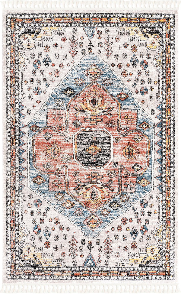 Unique Loom Aramis Victor Machine Made Tribal Rug Gray, Black/Ivory/Rust Red/Terracotta/Light Blue 6' 1" x 9' 0"