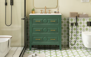 English Elm 30'' Bathroom Vanity with Ceramic Sink, Solid Wood Frame Retro Style Vanity with 3 Drawers & Gold Handles Green N710P246209F