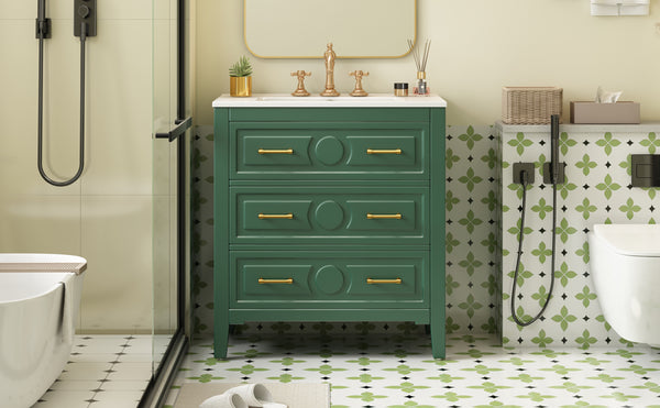 English Elm 30'' Bathroom Vanity with Ceramic Sink, Solid Wood Frame Retro Style Vanity with 3 Drawers & Gold Handles Green N710P246209F