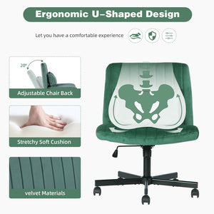 English Elm Green Velvet Criss Cross Armless Office Chair Model 875 - Plush Swivel, Adjustable Tilt, Wheels for Home W3394P329164