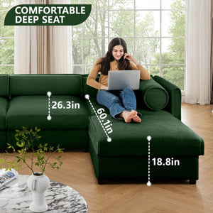English Elm Elegant Green Chenille Sofa With Hidden Storage, U-Shaped Design And Comfortable Cylindrical Backrests W714S01062