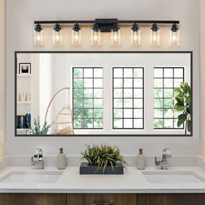 English Elm 51" Black 8-Light Vanity Light with Clear Glass Shades, Modern Iron Bathroom Wall Fixture for Mirror and Dressing Room W2312P374793