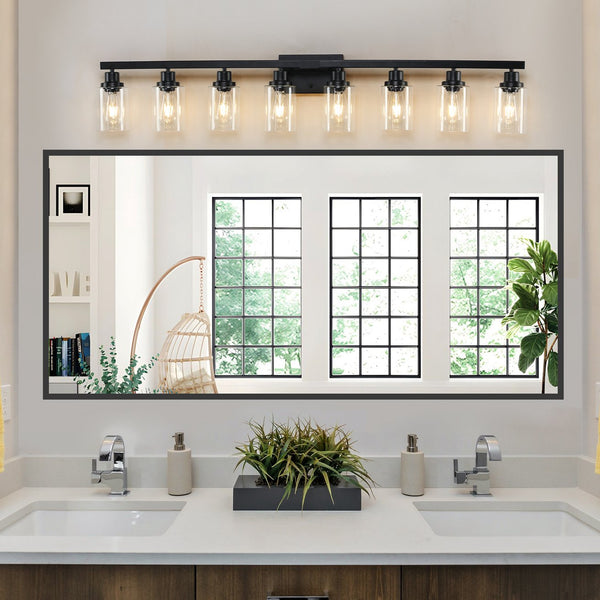 English Elm 51" Black 8-Light Vanity Light with Clear Glass Shades, Modern Iron Bathroom Wall Fixture for Mirror and Dressing Room W2312P374793