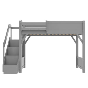 English Elm Twin Low Loft Bed Solid Pine Frame Kids Study Desk Blackboard Storage White Gray W1580S00467