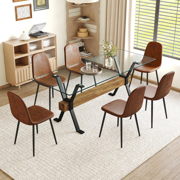 English Elm Table And Chair Set - Modern 79"X31.5" Glass Top With X-Shaped Black Metal Legs & 6 Techno-Fabric Chairs W1151S04087-GIGA
