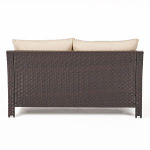 English Elm Christopher Knight Home® - ANTIBES RATTAN LOVESEAT SET WITH SIDE TABLE – Weatherproof PE Wicker, Iron Frame, Compact Patio Seating Brown 57088.00SET