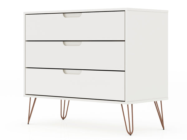 English Elm Rockefeller 35" Dresser with 3 Smooth-Glide Drawers, Metal Splayed Legs, TV-Ready Storage, Anti-Tip White B365P398121