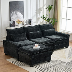 English Elm 99'' Sectional Cloud Deep Seat Couch - Plush Chenille 4-Seat L-Shaped Sofa with Movable Ottoman, Stain-Resistant Comfort and Ergonomic Lumbar Support Black W3373S00024