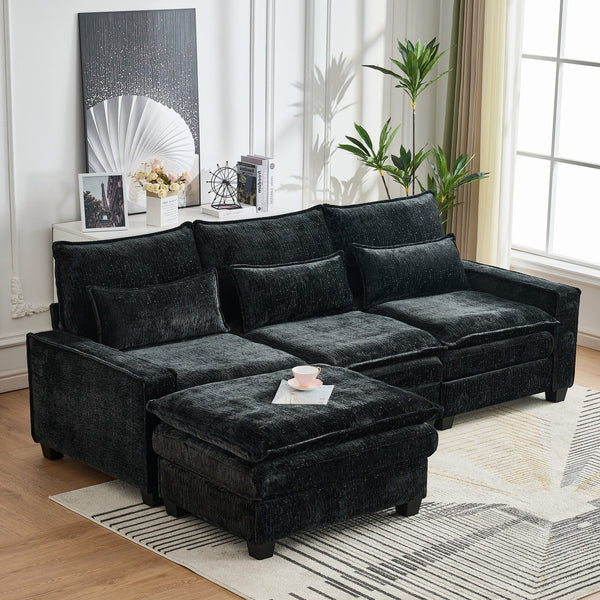 English Elm 99'' Sectional Cloud Deep Seat Couch - Plush Chenille 4-Seat L-Shaped Sofa with Movable Ottoman, Stain-Resistant Comfort and Ergonomic Lumbar Support Black W3373S00024
