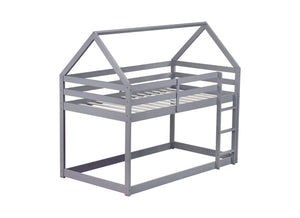 English Elm Twin Rubber Wood Floor Bunk Bed House-Shaped Design with Ladder Guardrails Sturdy Low-Profile Retreat Grey W504P206863