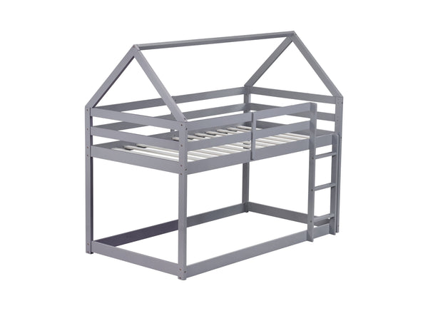 English Elm Twin Rubber Wood Floor Bunk Bed House-Shaped Design with Ladder Guardrails Sturdy Low-Profile Retreat Grey W504P206863