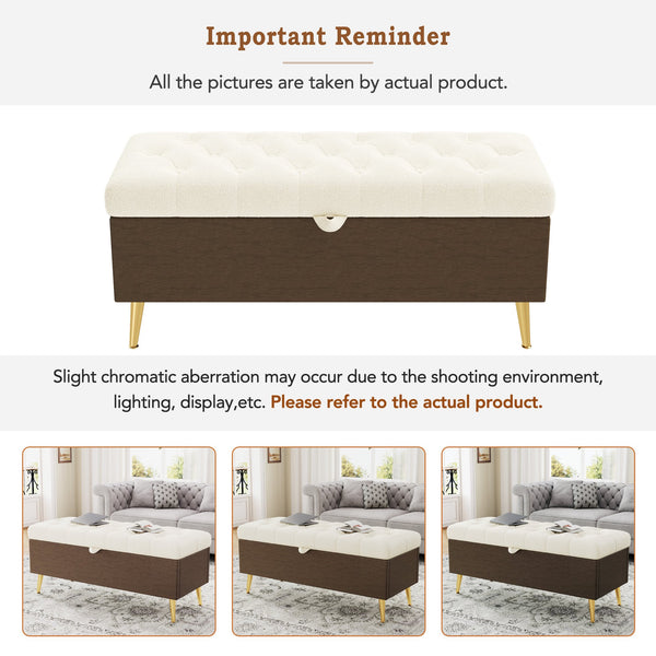 English Elm Modern Boucle Tufted Storage Ottoman Bench with Gold Legs for Bedroom or Entryway Beige N719P305620A
