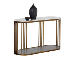 Sunpan Naxos Console Table - Elegant Carrara Marble Top & Rustic Bronze Frame, Perfect for Any Space!