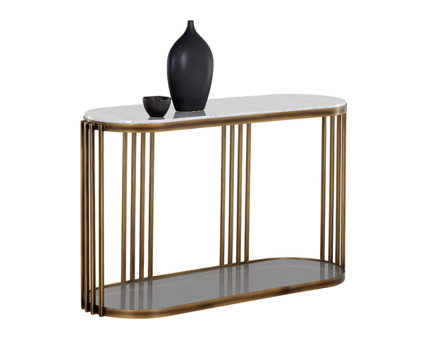 Sunpan Naxos Console Table - Elegant Carrara Marble Top & Rustic Bronze Frame, Perfect for Any Space!