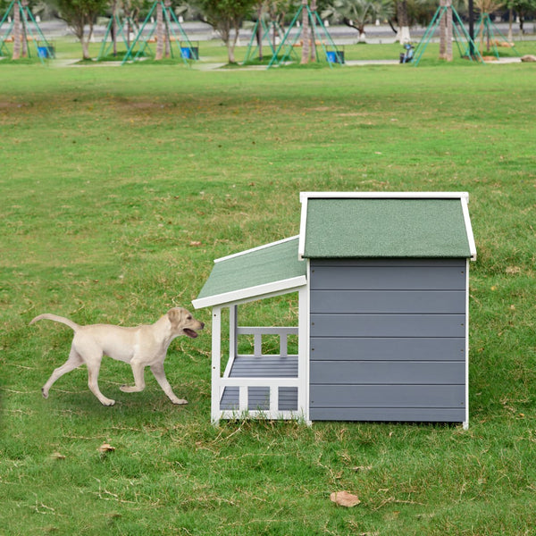 English Elm Dog House, Waterproof Dog Cage Kennel, Wooden Outdoor and Indoor Dog House, Log Cabin Style With Porch,Elevated Floor, 2 Doors, Pine Wood Blue+Green