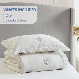 English Elm 2-piece Floral Embroidered Twin Quilt Set Romantic Ruffled Border Soft Down Alternative Fill White+Blue B035P463189