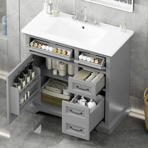 English Elm Christopher Knight Home® - 30" Bathroom Vanity with Sink Vintage Acacia Frame Ceramic Basin Soft-Close Doors & Storage Light Gray N759P313315E