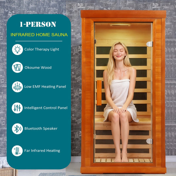 English Elm 1 Person Far Infrared Home Sauna with Okoume Wood Carbon Fiber Panels and Bluetooth Audio W3973P404828