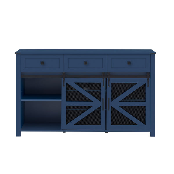 English Elm U_style Industrial Sideboard with Sliding Barn Doors Iron Mesh Panels and Three Drawers Navy Blue N711P347384V