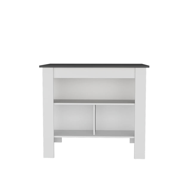 English Elm Gray Kitchen Island with Open Shelves and Gray-White Finish — Stylish Storage, Organized Counterspace for Modern Kitchens B062P252195