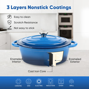 English Elm The oval dutch oven 11.4" 3.5L Blue Enamel Cast Iron, Nonstick Easy-Clean, Even Heat & Moisture Locking T3950P391586