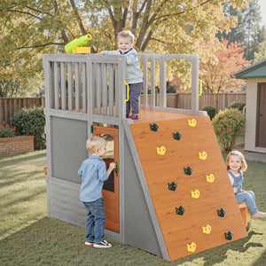 English Elm Large Two Story Wooden Kids Outdoor Playhouse with Lookout Telescope Sandbox and Ramp W2992S00003