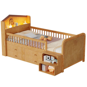English Elm Low Twin Loft Bed with House-Style Headboard and Built-In LED Lights for Modern Kids' Rooms Natural 42.91 L x 28.35 W x 6.69 H W2593S00007