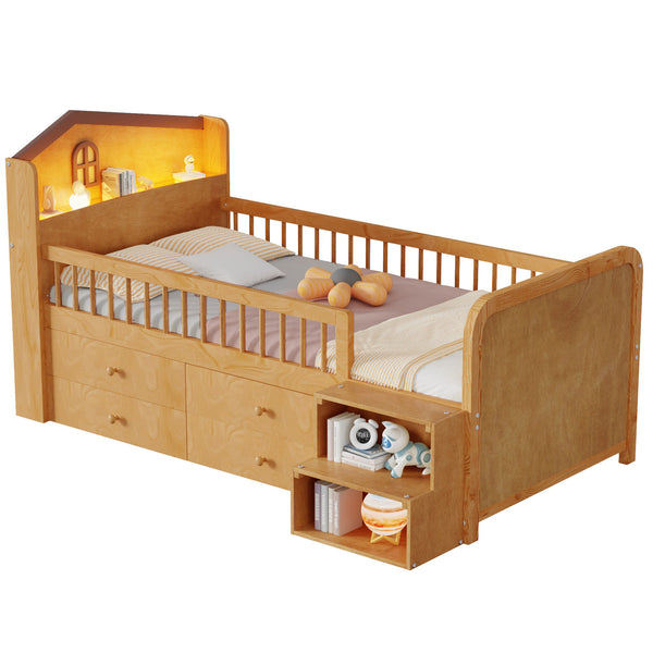 English Elm Low Twin Loft Bed with House-Style Headboard and Built-In LED Lights for Modern Kids' Rooms Natural 42.91 L x 28.35 W x 6.69 H W2593S00007