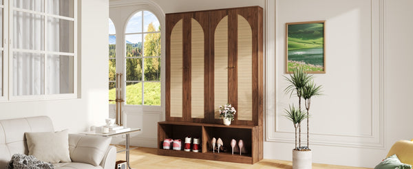 English Elm Rattan Door Hall Tree Bench with 6 Hooks Farmhouse Entryway Storage N721S000074D