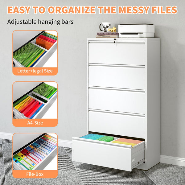 English Elm 5 Drawer Metal Lateral File Cabinet with Secure Locking System, Smooth Powder Coat, Quiet Ball-Bearing Slides for Heavy-Duty Legal and A4 Document Organization White T2398P182179