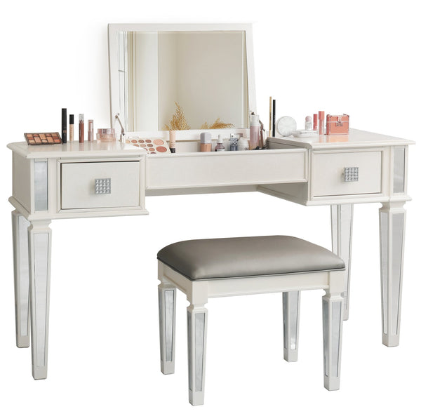 English Elm Mirrored Vanity Desk with Drawers and Flip-Up Mirror, Silver PU Stool, Crystal Knobs, Storage Elegance W2170P209976