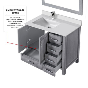 English Elm Distressed Grey Bath Vanity Set With Left Offset Quartz Top, Faucet & 34" Mirror For Elegant Update B2731S01266