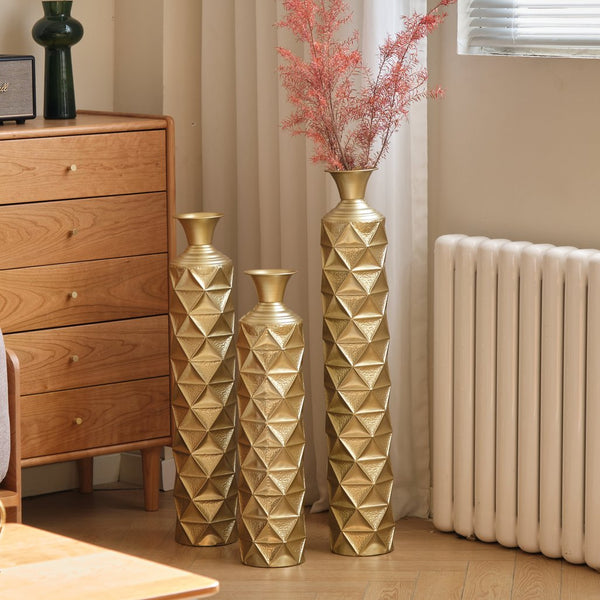 English Elm Metal Antique Gold Decorative Vase Set Of 3 - Modern Geometric Design With 3D Triangle Pattern W2796P193603