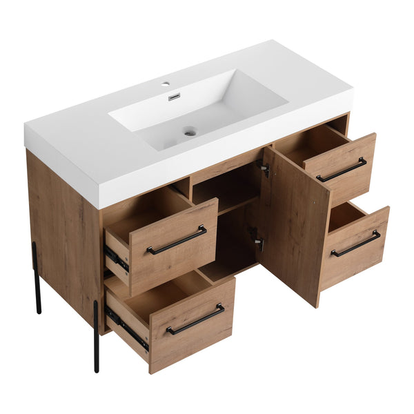 English Elm 48" Floating Bathroom Vanity Dual Ceramic Vessel Sinks Oak Finish Soft Close Doors W999S00527
