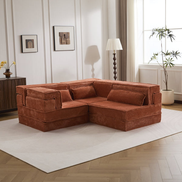 English Elm Compression Modular Sofa Bed - Oversized Convertible Sectional With Plush Fleece & 3 Pillows, Orange W3723S00018