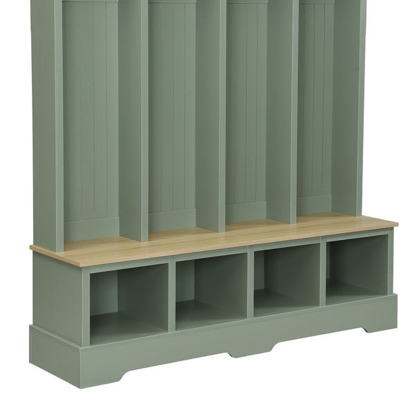 English Elm Farmhouse Hall Tree with Triple Arch Back Panel Eight Hooks Drawers and Entryway Bench Mint Green N721S000075M