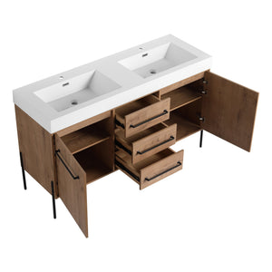 English Elm 60" Freestanding Double Sink Bathroom Vanity with Soft-close Doors and Three Drawers W999S00528