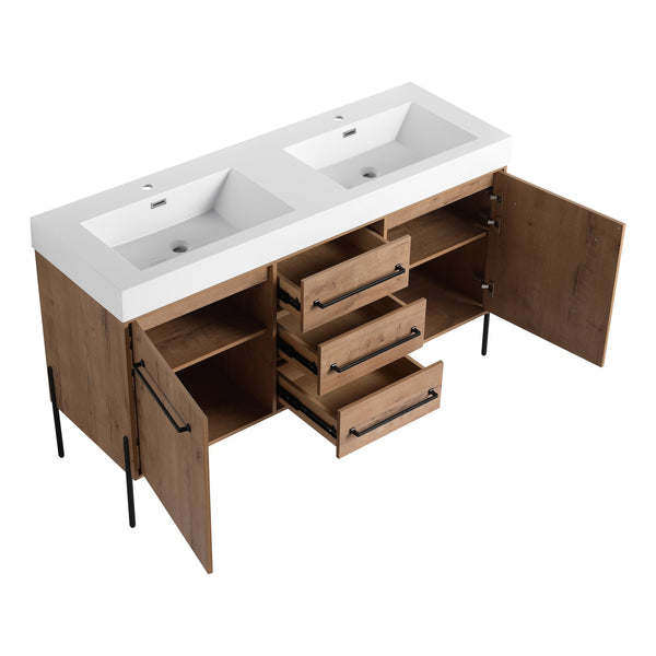 English Elm 60" Freestanding Double Sink Bathroom Vanity with Soft-close Doors and Three Drawers W999S00528