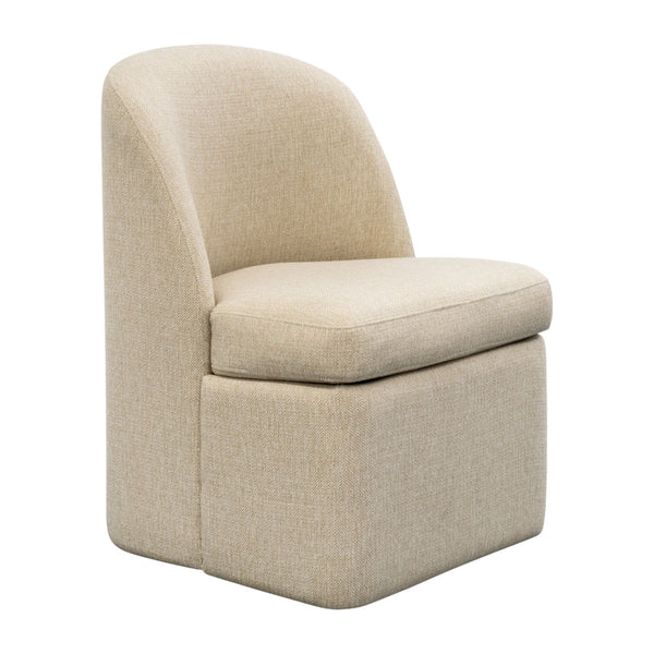 English Elm Dining Chair Upholstered in Textured Taupe Fabric with Casters and Tailored Piping B035P408394
