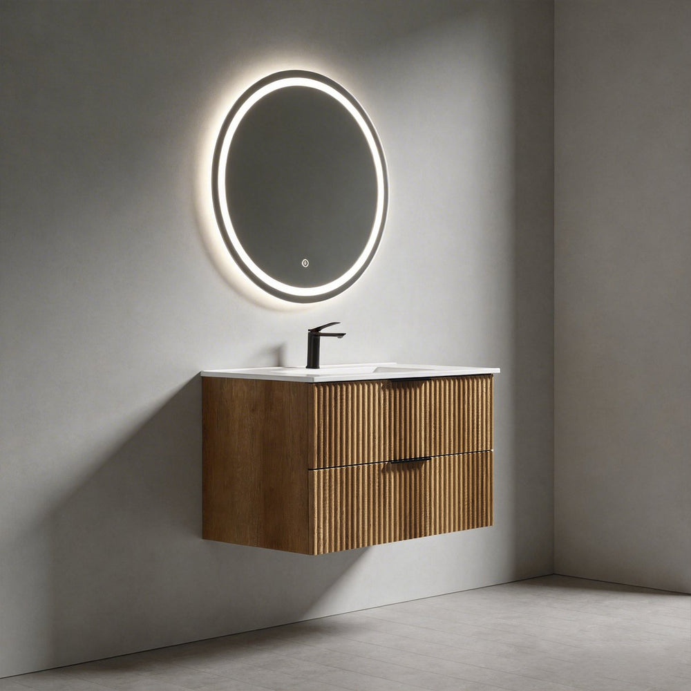 English Elm 36 Inch Floating Bathroom Vanity Fluted Wood Grain Panel with Ceramic Integrated Sink W3520S00045