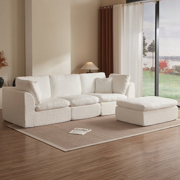 English Elm 110" Cloud Sectional Sofa Modular L-Shape with Ottoman, Chenille Fabric, Deep Seats, 7 Pillows Included White W1359S00017