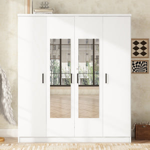 English Elm 4-door Mirrored Wardrobe White Mdf Armoire with Interior Shelves and Lockable Drawer LP006602AAK