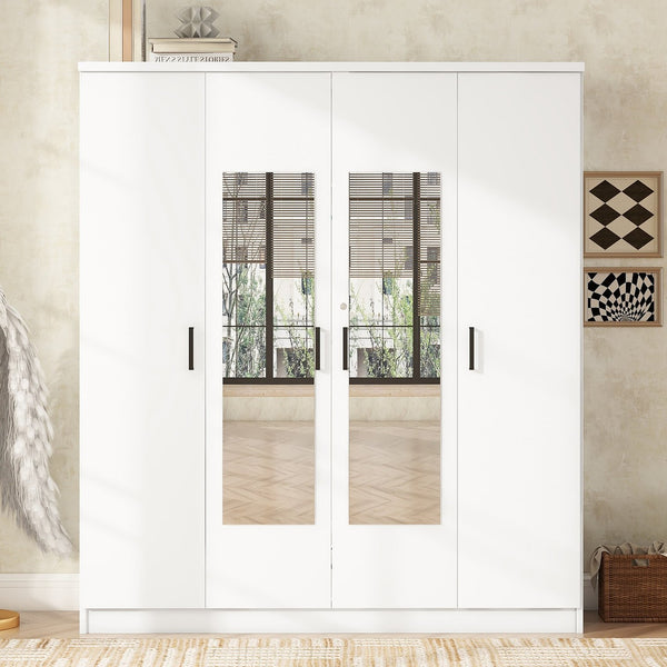 English Elm 4-door Mirrored Wardrobe White Mdf Armoire with Interior Shelves and Lockable Drawer LP006602AAK