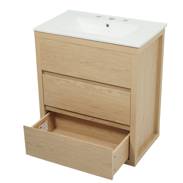 English Elm Christopher Knight Home® - 30" Bathroom Vanity with Ceramic Sink, 2 Soft-Close Full-Extension Drawers, Handle-Free 45° Design, Durable MDF Natural N817P280549N