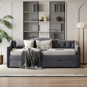 English Elm Full Boucle Upholstered Daybed with Tufted Headboard Storage Drawers and Usb Ports W1670S00027