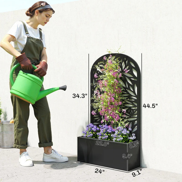 English Elm Freestanding Metal Raised Garden Bed with Leaf Trellis Panel for Patios and Balconies T3971P455193